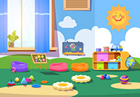 Kindergarten room. Empty playschool room with toys and furniture. Kids playroom cartoon vector interior. Playschool kindergarten, furniture indoor interior for play illustration